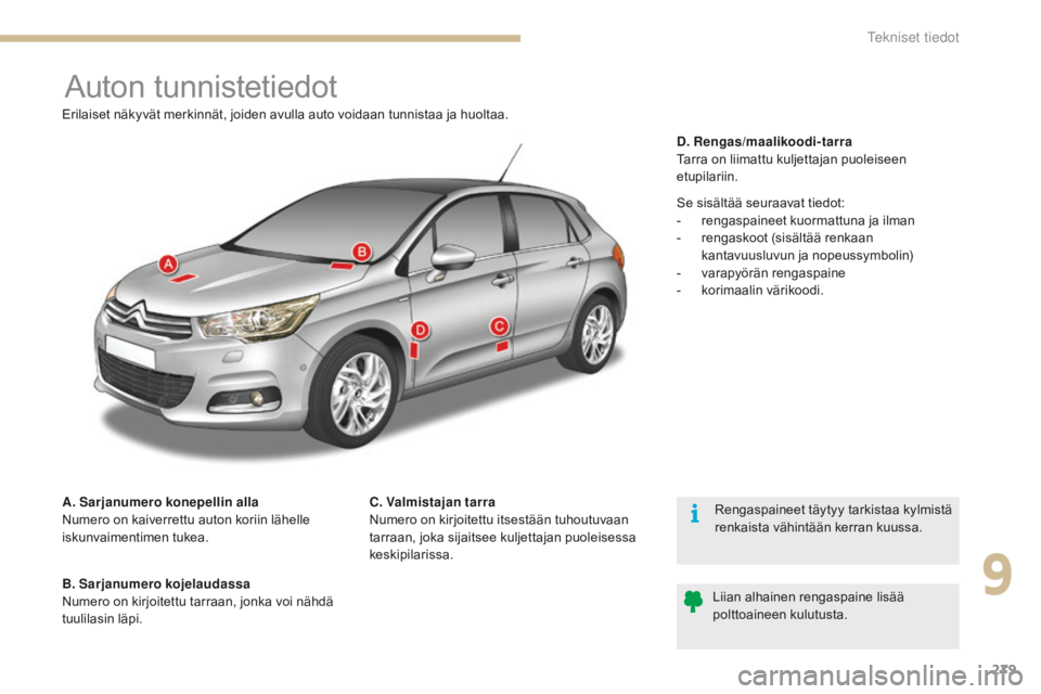 CITROEN C4 2017 Omistajan Käsikirjat (in Finnish) 279
C4-2_fi_Chap09_caracteristiques_ed02-2015
Auton tunnistetiedot
A. Sarjanumero konepellin alla
Numero on kaiverrettu auton koriin lähelle
iskunvaimentimen tukea.
B. Sarjanumero kojelaudassa
Numer CITROEN C4 2017 Omistajan Käsikirjat (in Finnish) 279
C4-2_fi_Chap09_caracteristiques_ed02-2015
Auton tunnistetiedot
A. Sarjanumero konepellin alla
Numero on kaiverrettu auton koriin lähelle
iskunvaimentimen tukea.
B. Sarjanumero kojelaudassa
Numer