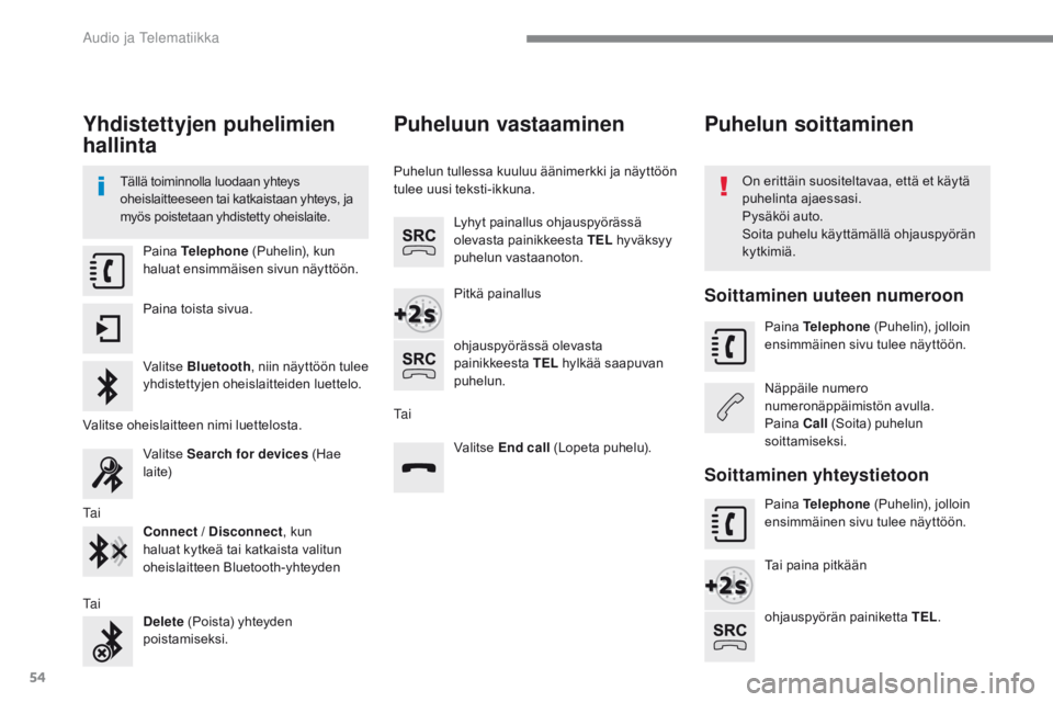 CITROEN C4 2017 Omistajan Käsikirjat (in Finnish) 54
C4-2_additif_Web_fi_Chap10b_SMEGplus_ed02-2015
Yhdistettyjen puhelimien
hallinta
Tällä toiminnolla luodaan yhteys
oheislaitteeseen tai katkaistaan yhteys, ja
myös poistetaan yhdistetty oheisl CITROEN C4 2017 Omistajan Käsikirjat (in Finnish) 54
C4-2_additif_Web_fi_Chap10b_SMEGplus_ed02-2015
Yhdistettyjen puhelimien
hallinta
Tällä toiminnolla luodaan yhteys
oheislaitteeseen tai katkaistaan yhteys, ja
myös poistetaan yhdistetty oheisl