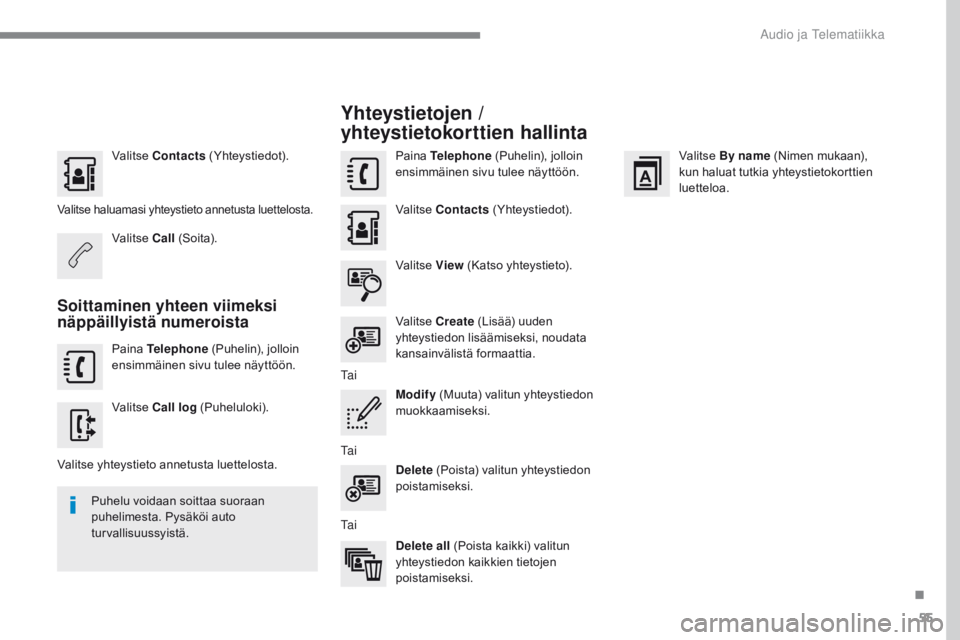 CITROEN C4 2017 Omistajan Käsikirjat (in Finnish) 55
C4-2_additif_Web_fi_Chap10b_SMEGplus_ed02-2015
Valitse Contacts (Yhteystiedot).
Valitse haluamasi yhteystieto annetusta luettelosta.
Valitse Call (S oit a).
Soittaminen yhteen viimeksi
näppäill CITROEN C4 2017 Omistajan Käsikirjat (in Finnish) 55
C4-2_additif_Web_fi_Chap10b_SMEGplus_ed02-2015
Valitse Contacts (Yhteystiedot).
Valitse haluamasi yhteystieto annetusta luettelosta.
Valitse Call (S oit a).
Soittaminen yhteen viimeksi
näppäill