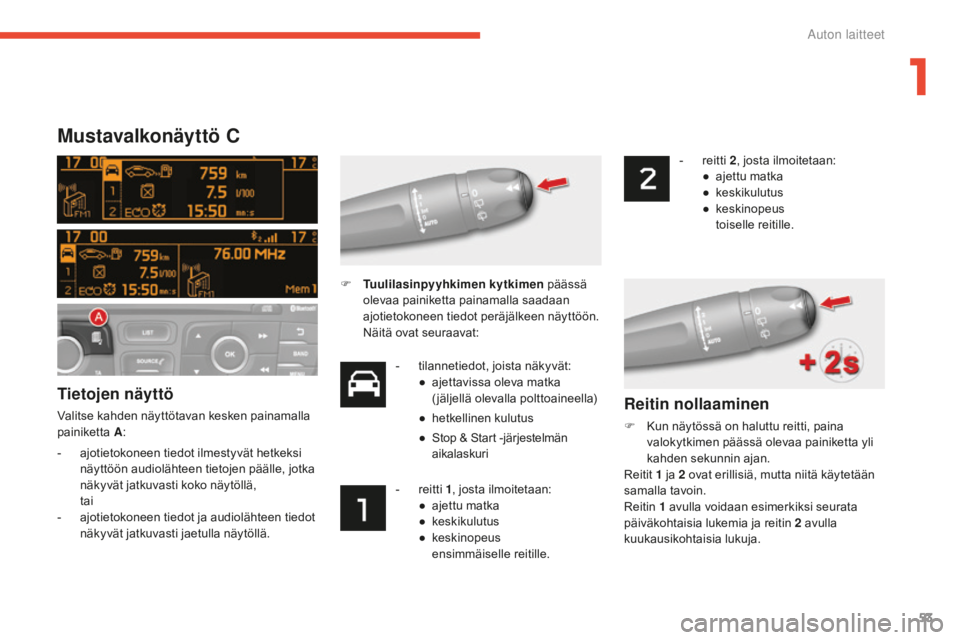 CITROEN C4 2017  Omistajan Käsikirjat (in Finnish) 53
C4-2_fi_Chap01_instruments-de-bord_ed02-2015
Mustavalkonäyttö C
Tietojen näyttö
Valitse kahden näyttötavan kesken painamalla 
painiketta A:
-
 aj

otietokoneen tiedot ilmestyvät hetkeksi 
n�