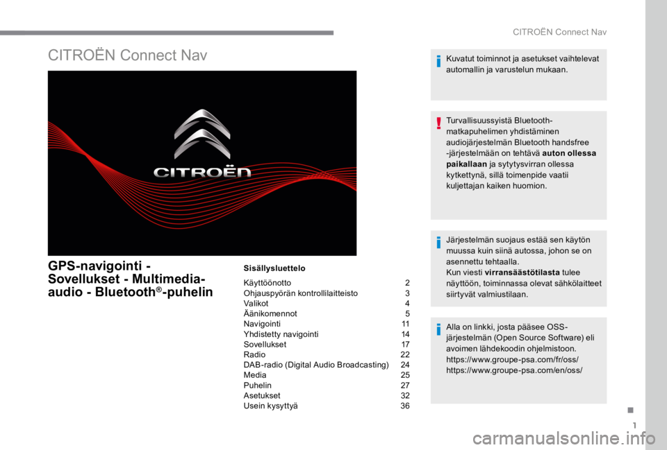 CITROEN C4 2017 Omistajan Käsikirjat (in Finnish) 1
.
CITROËN Connect Nav
CITROËN Connect Nav
GPS-navigointi -
Sovellukset - Multimedia-
audio - Bluetooth ®audio - Bluetooth ®audio - Bluetooth -puhelin
Sisällysluettelo
Käyttöön CITROEN C4 2017 Omistajan Käsikirjat (in Finnish) 1
.
CITROËN Connect Nav
CITROËN Connect Nav
GPS-navigointi -
Sovellukset - Multimedia-
audio - Bluetooth ®audio - Bluetooth ®audio - Bluetooth -puhelin
Sisällysluettelo
Käyttöön