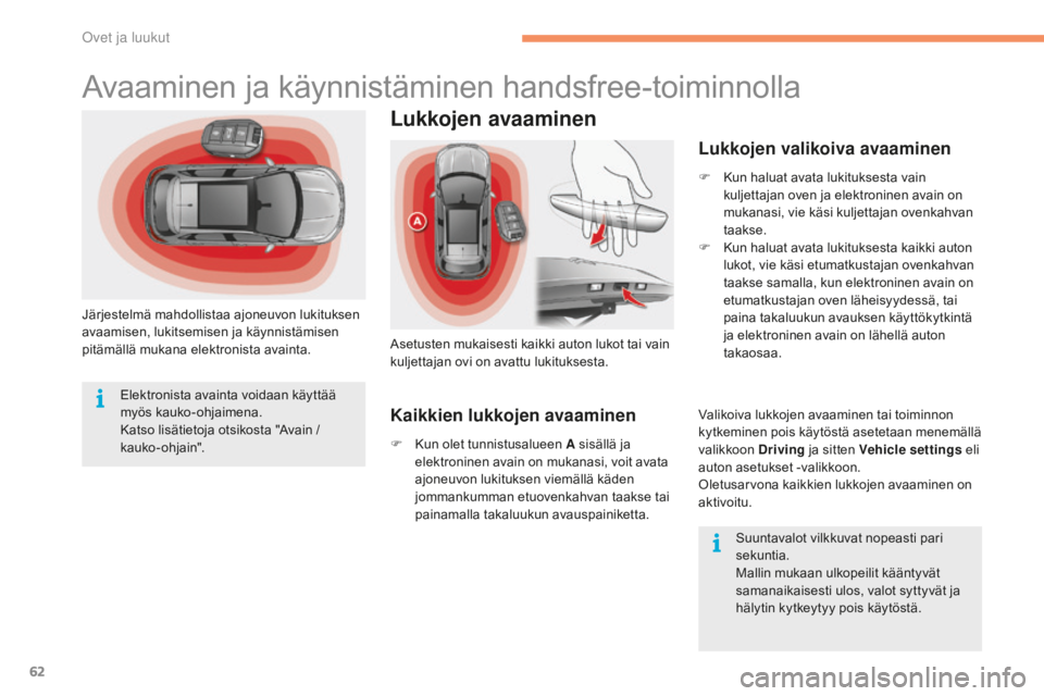 CITROEN C4 2017 Omistajan Käsikirjat (in Finnish) 62
C4-2_fi_Chap02_ouvertures_ed02-2015
Avaaminen ja käynnistäminen handsfree-toiminnolla
Järjestelmä mahdollistaa ajoneuvon lukituksen
avaamisen, lukitsemisen ja käynnistämisen
pitämällä mu CITROEN C4 2017 Omistajan Käsikirjat (in Finnish) 62
C4-2_fi_Chap02_ouvertures_ed02-2015
Avaaminen ja käynnistäminen handsfree-toiminnolla
Järjestelmä mahdollistaa ajoneuvon lukituksen
avaamisen, lukitsemisen ja käynnistämisen
pitämällä mu