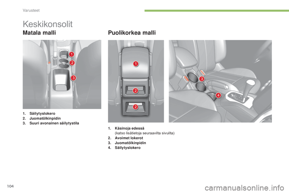 CITROEN C4 2015 Omistajan Käsikirjat (in Finnish) 104
C4-2_fi_Chap05_amenagement_ed01-2015
C4-2_fi_Chap05_amenagement_ed01-2015
Matala malliPuolikorkea malli
1. Säilytyslokero
2. J
uomatölkinpidin
3.
S
uuri avonainen säilytystila
Keskikonsolit
1 CITROEN C4 2015 Omistajan Käsikirjat (in Finnish) 104
C4-2_fi_Chap05_amenagement_ed01-2015
C4-2_fi_Chap05_amenagement_ed01-2015
Matala malliPuolikorkea malli
1. Säilytyslokero
2. J
uomatölkinpidin
3.
S
uuri avonainen säilytystila
Keskikonsolit
1
