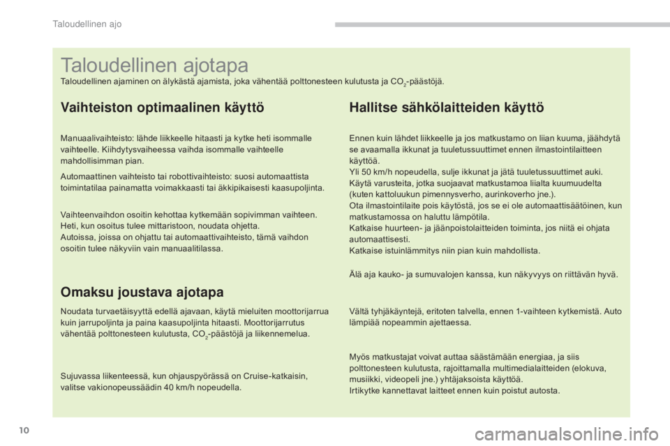 CITROEN C4 2015  Omistajan Käsikirjat (in Finnish) 10
C4-2_fi_Chap00c_eco-conduite_ed01-2015
C4-2_fi_Chap00c_eco-conduite_ed01-2015
Taloudellinen ajaminen on älykästä ajamista, joka vähentää polttonesteen kulutusta ja CO2-päästöjä.
Vaihteist