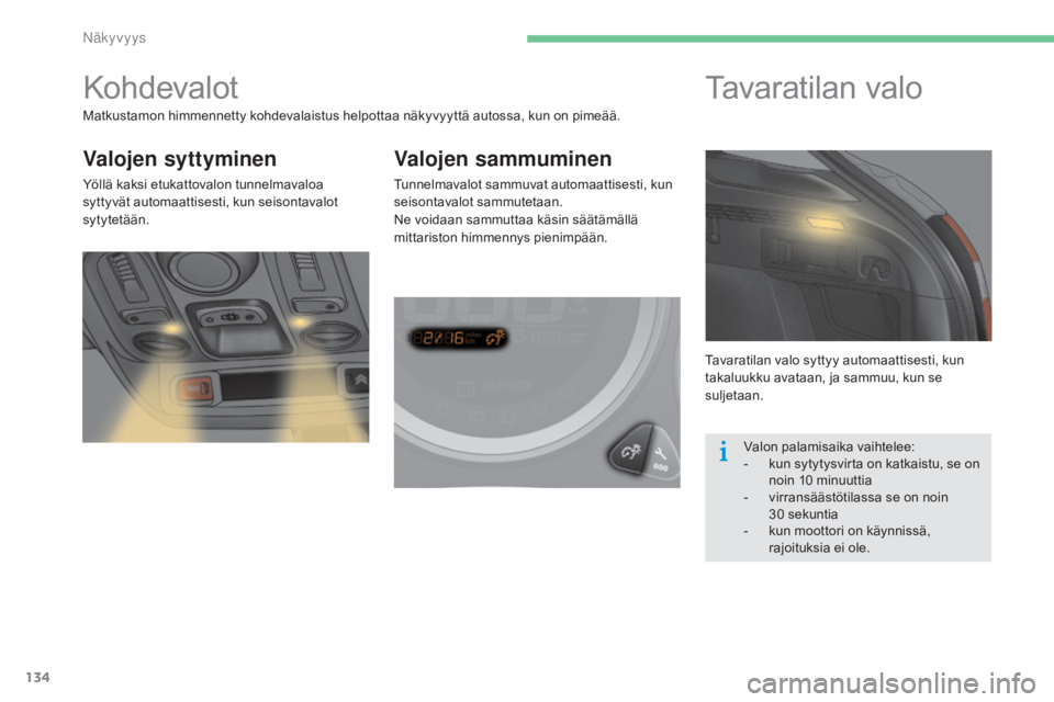 CITROEN C4 2015 Omistajan Käsikirjat (in Finnish) 134
C4-2_fi_Chap06_visibilite_ed01-2015
C4-2_fi_Chap06_visibilite_ed01-2015
Kohdevalot
Valojen syttyminen
Yöllä kaksi etukattovalon tunnelmavaloa
syttyvät automaattisesti, kun seisontavalot
sytyt CITROEN C4 2015 Omistajan Käsikirjat (in Finnish) 134
C4-2_fi_Chap06_visibilite_ed01-2015
C4-2_fi_Chap06_visibilite_ed01-2015
Kohdevalot
Valojen syttyminen
Yöllä kaksi etukattovalon tunnelmavaloa
syttyvät automaattisesti, kun seisontavalot
sytyt