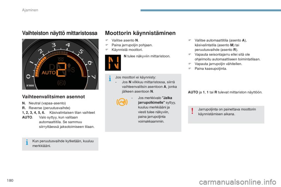 CITROEN C4 2015  Omistajan Käsikirjat (in Finnish) 180
C4-2_fi_Chap09_conduite_ed01-2015
C4-2_fi_Chap09_conduite_ed01-2015
Vaihteiston näyttö mittaristossa
Vaihteenvalitsimen asennot
N. Neutral (vapaa-asento)
R. R everse (peruutusvaihde)
1, 2, 3, 4,