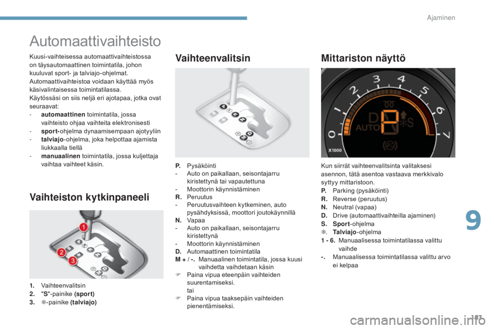 CITROEN C4 2015  Omistajan Käsikirjat (in Finnish) 183
C4-2_fi_Chap09_conduite_ed01-2015
C4-2_fi_Chap09_conduite_ed01-2015
Automaattivaihteisto
Vaihteiston kytkinpaneeli
1. Vaihteenvalitsin
2. "S "
-painike  (spor t)
3.
 T -

painike  (talviaj