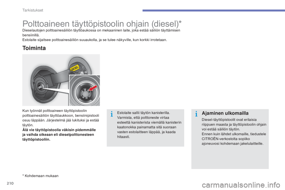 CITROEN C4 2015 Omistajan Käsikirjat (in Finnish) 210
C4-2_fi_Chap10_verification_ed01-2015
C4-2_fi_Chap10_verification_ed01-2015
Polttoaineen täyttöpistoolin ohjain (diesel)*Dieselautojen polttoainesäiliön täyttöaukossa on mekaaninen laite, jo CITROEN C4 2015 Omistajan Käsikirjat (in Finnish) 210
C4-2_fi_Chap10_verification_ed01-2015
C4-2_fi_Chap10_verification_ed01-2015
Polttoaineen täyttöpistoolin ohjain (diesel)*Dieselautojen polttoainesäiliön täyttöaukossa on mekaaninen laite, jo