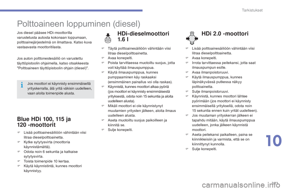 CITROEN C4 2015 Omistajan Käsikirjat (in Finnish) 211
C4-2_fi_Chap10_verification_ed01-2015
C4-2_fi_Chap10_verification_ed01-2015
Polttoaineen loppuminen (diesel)
HDi-dieselmoottori
1.6
l HDi 2.0
-moottoriJos diesel pääsee HDi-moottorilla
var CITROEN C4 2015 Omistajan Käsikirjat (in Finnish) 211
C4-2_fi_Chap10_verification_ed01-2015
C4-2_fi_Chap10_verification_ed01-2015
Polttoaineen loppuminen (diesel)
HDi-dieselmoottori
1.6
l HDi 2.0
-moottoriJos diesel pääsee HDi-moottorilla
var