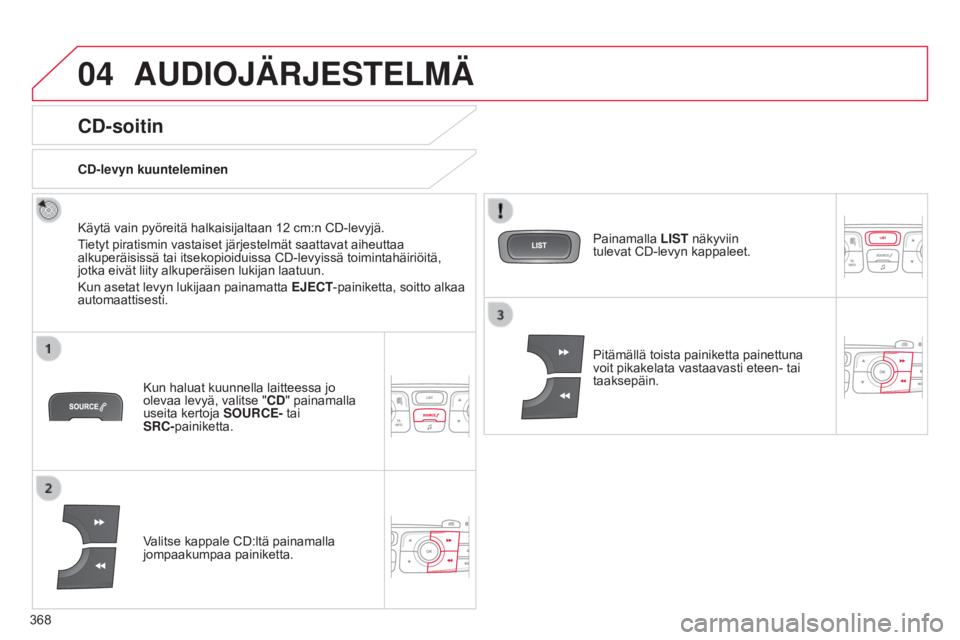 CITROEN C4 2015  Omistajan Käsikirjat (in Finnish) 04
368
C4-2_fi_Chap13c_RD5_ed01-2015
C4-2_fi_Chap13c_RD5_ed01-2015
AUDIOJÄRJESTELMÄ
CD-soitin
Käytä vain pyöreitä halkaisijaltaan 12 cm:n CD-levyjä.
T ietyt piratismin vastaiset järjestelmät 