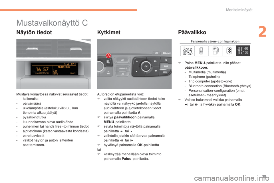 CITROEN C4 2015  Omistajan Käsikirjat (in Finnish) 39
C4-2_fi_Chap02_ecran-multifonction_ed01-2015
C4-2_fi_Chap02_ecran-multifonction_ed01-2015
Mustavalkonäyttö C
Mustavalkonäytössä näkyvät seuraavat tiedot:
- kellonaika
-
 pä

ivämäärä
-
