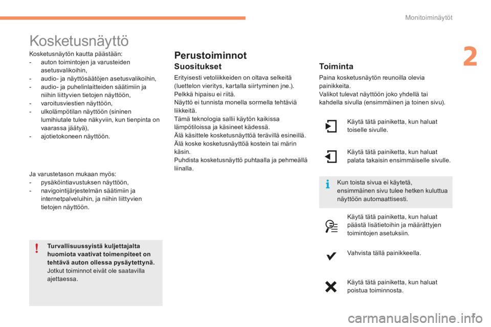 CITROEN C4 2015  Omistajan Käsikirjat (in Finnish) 2
Monitoiminäytöt1
C4-2-add_fi_Chap02_ecran-multifonction_ed01-2015
       Kosketusnäyttö  
  Perustoiminnot 
  Toiminta 
 Paina kosketusnäytön reunoilla olevia painikkeita.  Valikot tulevat nä