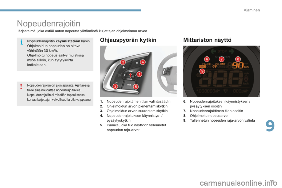 CITROEN C4 2015 Omistajan Käsikirjat (in Finnish) 9
Ajaminen11
C4-2-add_fi _Chap09_conduite_ed01-2015
6 . Nopeudenrajoituksen käynnistyksen / pysäytyksen osoitin 7. Nopeudenrajoittimen tilan osoitin 8. Ohjelmoitu nopeusarvo 9 . Tallenn CITROEN C4 2015 Omistajan Käsikirjat (in Finnish) 9
Ajaminen11
C4-2-add_fi _Chap09_conduite_ed01-2015
6 . Nopeudenrajoituksen käynnistyksen / pysäytyksen osoitin 7. Nopeudenrajoittimen tilan osoitin 8. Ohjelmoitu nopeusarvo 9 . Tallenn