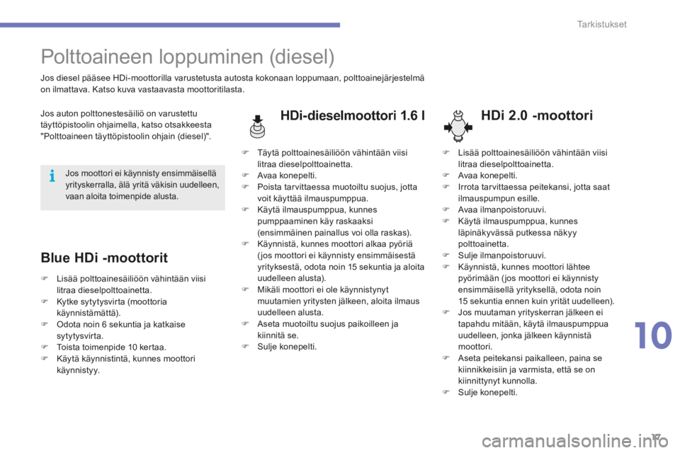 CITROEN C4 2015 Omistajan Käsikirjat (in Finnish) 10
Tarkistukset17
C4-2-add_fi _Chap10_verifi cation_ed01-2015
Polttoaineen loppuminen (diesel)
HDi-dieselmoottori 1.6 l HDi 2.0 -moottori
Jos diesel pääsee HDi-moottorilla CITROEN C4 2015 Omistajan Käsikirjat (in Finnish) 10
Tarkistukset17
C4-2-add_fi _Chap10_verifi cation_ed01-2015
Polttoaineen loppuminen (diesel)
HDi-dieselmoottori 1.6 l HDi 2.0 -moottori
Jos diesel pääsee HDi-moottorilla