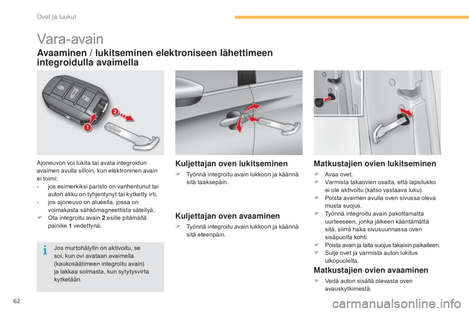 CITROEN C4 2015 Omistajan Käsikirjat (in Finnish) 62
C4-2_fi_Chap03_ouvertures_ed01-2015
C4-2_fi_Chap03_ouvertures_ed01-2015
Vara-avain
Ajoneuvon voi lukita tai avata integroidun
avaimen avulla silloin, kun elektroninen avain
ei toimi:
-
j
os esi CITROEN C4 2015 Omistajan Käsikirjat (in Finnish) 62
C4-2_fi_Chap03_ouvertures_ed01-2015
C4-2_fi_Chap03_ouvertures_ed01-2015
Vara-avain
Ajoneuvon voi lukita tai avata integroidun
avaimen avulla silloin, kun elektroninen avain
ei toimi:
-
j
os esi