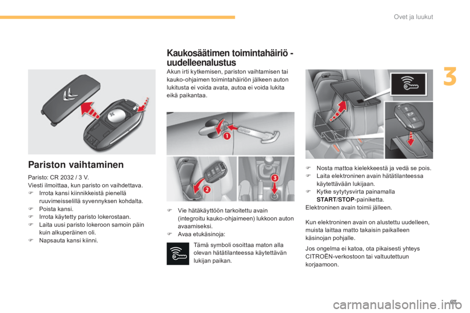 CITROEN C4 2015 Omistajan Käsikirjat (in Finnish) 63
C4-2_fi_Chap03_ouvertures_ed01-2015
C4-2_fi_Chap03_ouvertures_ed01-2015
Pariston vaihtaminen
Akun irti kytkemisen, pariston vaihtamisen tai
kauko-ohjaimen toimintahäiriön jälkeen auton
lukitus CITROEN C4 2015 Omistajan Käsikirjat (in Finnish) 63
C4-2_fi_Chap03_ouvertures_ed01-2015
C4-2_fi_Chap03_ouvertures_ed01-2015
Pariston vaihtaminen
Akun irti kytkemisen, pariston vaihtamisen tai
kauko-ohjaimen toimintahäiriön jälkeen auton
lukitus