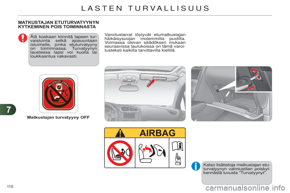 CITROEN C4 2014  Omistajan Käsikirjat (in Finnish) 77
110 
C4-2_fi_Chap07_securite-enfants_ed01-2014
Matkustajan turvatyyny OFF
ä
lä koskaan kiinnitä lapsen tur-
vaistuinta selkä ajosuuntaan 
istuimelle, jonka etuturvatyyny 
on toiminnassa.  t
urv