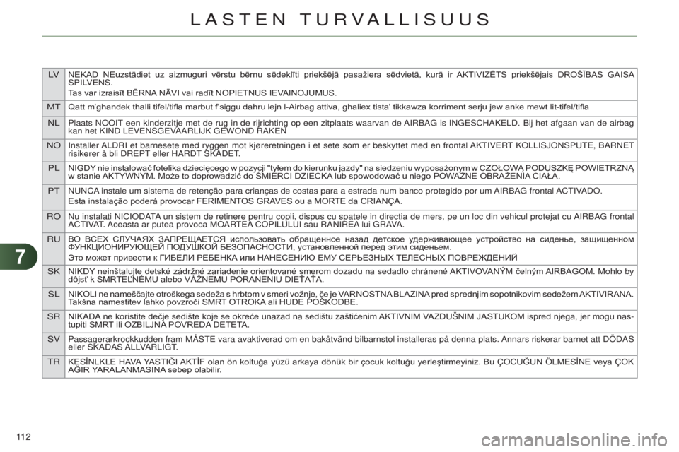 CITROEN C4 2014  Omistajan Käsikirjat (in Finnish) 77
LVNEKAD  NEuzstādiet  uz  aizmuguri  vērstu  bērnu  sēdeklīti  priekšējā  pasažiera  sēdvietā,  kurā  ir  AKTIVIZĒTS  priekšējais  DROŠĪBAS  GAISA 
SPi LV e NS.
Tas var izraisīt B