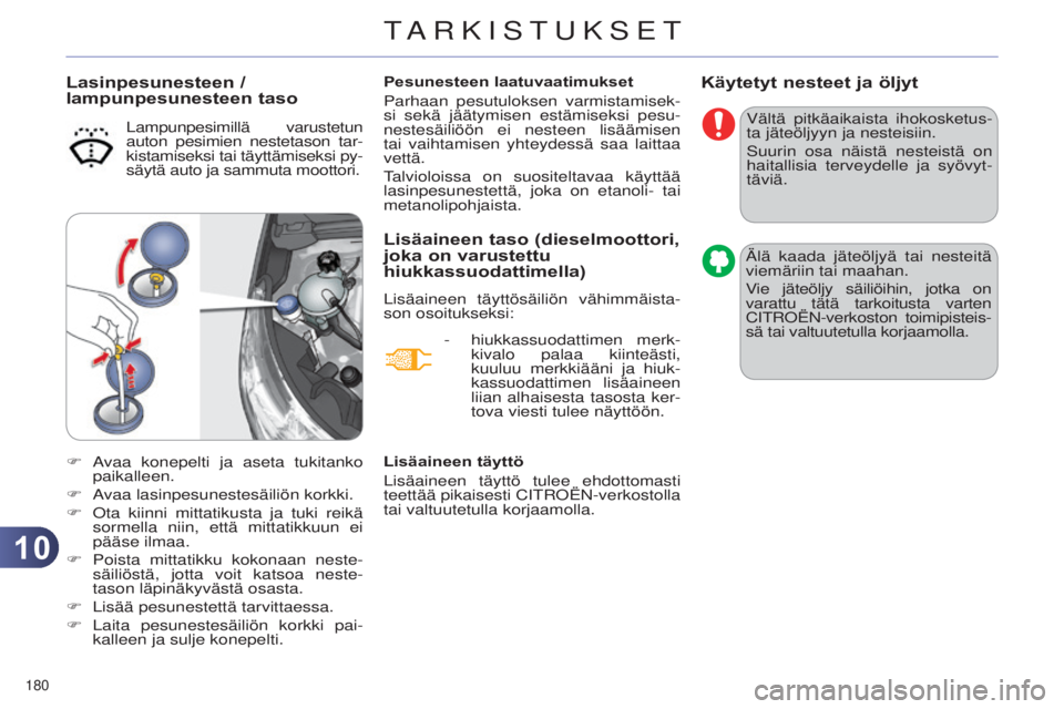 CITROEN C4 2014 Omistajan Käsikirjat (in Finnish) 1010
180
C4-2_fi_Chap10_verification_ed01-2014
Käytetyt nesteet ja öljyt
Vältä pitkäaikaista ihokosketus-
ta jäteöljyyn ja nesteisiin.
Suurin osa näistä nesteistä on
haitallisia terveydell CITROEN C4 2014 Omistajan Käsikirjat (in Finnish) 1010
180
C4-2_fi_Chap10_verification_ed01-2014
Käytetyt nesteet ja öljyt
Vältä pitkäaikaista ihokosketus-
ta jäteöljyyn ja nesteisiin.
Suurin osa näistä nesteistä on
haitallisia terveydell