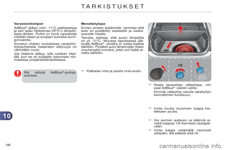 CITROEN C4 2014 Omistajan Käsikirjat (in Finnish) 1010
188
C4-2_fi_Chap10_verification_ed01-2014
Varastointiohjeet
a
dBlue® jäätyy noin -11°C pakkasessa
ja sen laatu heikkenee 25°C:n lämpöti-
lasta lähtien. Pullot on hyvä varastoida
viile CITROEN C4 2014 Omistajan Käsikirjat (in Finnish) 1010
188
C4-2_fi_Chap10_verification_ed01-2014
Varastointiohjeet
a
dBlue® jäätyy noin -11°C pakkasessa
ja sen laatu heikkenee 25°C:n lämpöti-
lasta lähtien. Pullot on hyvä varastoida
viile