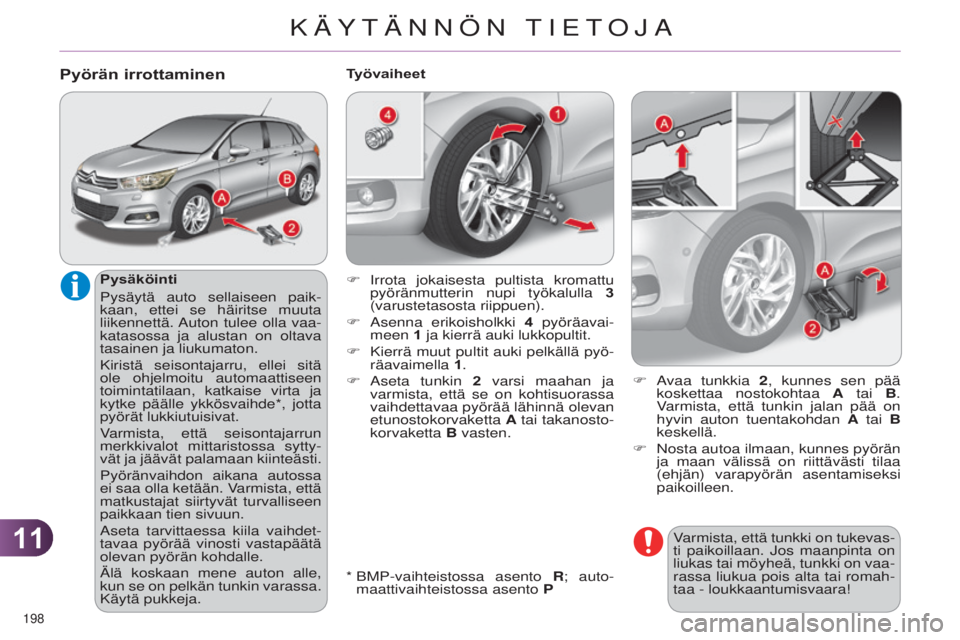 CITROEN C4 2014 Omistajan Käsikirjat (in Finnish) 1111
198
C4-2_fi_Chap11_info-pratique_ed01-2014
Varmista, että tunkki on tukevas-
ti paikoillaan. j os maanpinta on
liukas tai möyheä, tunkki on vaa-
rassa liukua pois alta tai romah-
taa - loukk CITROEN C4 2014 Omistajan Käsikirjat (in Finnish) 1111
198
C4-2_fi_Chap11_info-pratique_ed01-2014
Varmista, että tunkki on tukevas-
ti paikoillaan. j os maanpinta on
liukas tai möyheä, tunkki on vaa-
rassa liukua pois alta tai romah-
taa - loukk