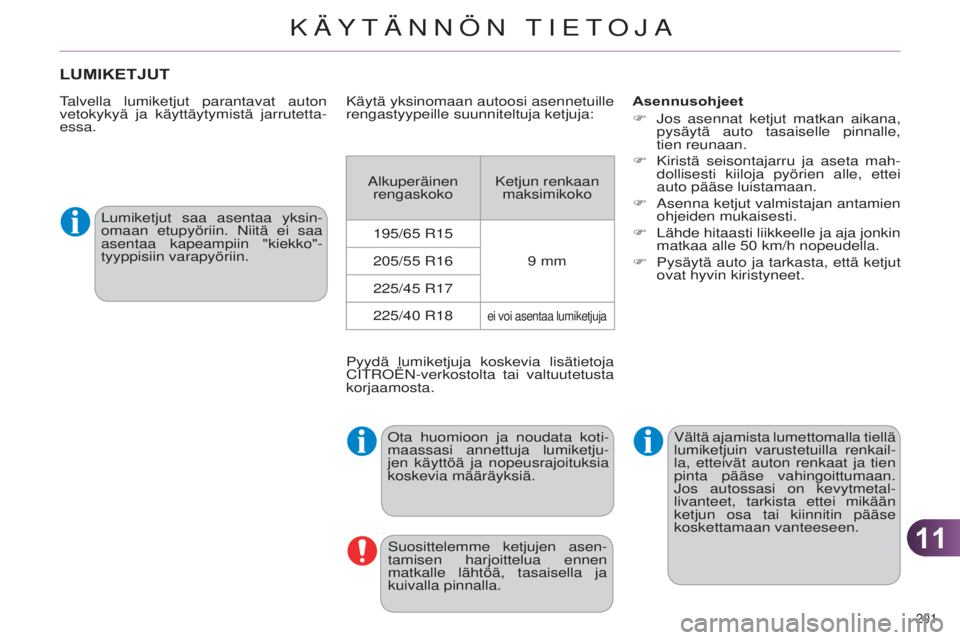 CITROEN C4 2014 Omistajan Käsikirjat (in Finnish) 1111
201
C4-2_fi_Chap11_info-pratique_ed01-2014
LUMIKETJUT
talvella lumiketjut parantavat auton
vetokykyä ja käyttäytymistä jarrutetta-
essa. Asennusohjeet
F
j os asennat ketjut matkan aikana CITROEN C4 2014 Omistajan Käsikirjat (in Finnish) 1111
201
C4-2_fi_Chap11_info-pratique_ed01-2014
LUMIKETJUT
talvella lumiketjut parantavat auton
vetokykyä ja käyttäytymistä jarrutetta-
essa. Asennusohjeet
F
j os asennat ketjut matkan aikana