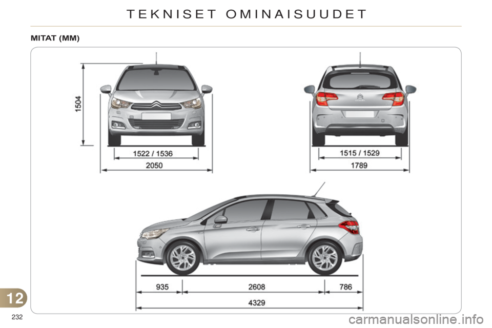 CITROEN C4 2014  Omistajan Käsikirjat (in Finnish) 232 
C4-2_fi_Chap12_caracteristique_ed01-2014
MITAT (MM)
12 
teKNiSet oMiNaiSUUDet  