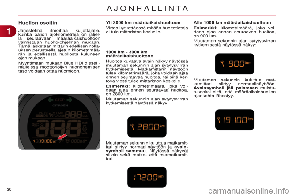 CITROEN C4 2014 Omistajan Käsikirjat (in Finnish) 30
C4-2_fi_Chap01_controle-de-marche_ed01-2014
Huollon osoitin
järjestelmä ilmoittaa kuljettajalle,
kuinka paljon ajokilometrejä on jäljel -
lä seuraavaan määräaikaishuoltoon
valmistajan hu CITROEN C4 2014 Omistajan Käsikirjat (in Finnish) 30
C4-2_fi_Chap01_controle-de-marche_ed01-2014
Huollon osoitin
järjestelmä ilmoittaa kuljettajalle,
kuinka paljon ajokilometrejä on jäljel -
lä seuraavaan määräaikaishuoltoon
valmistajan hu