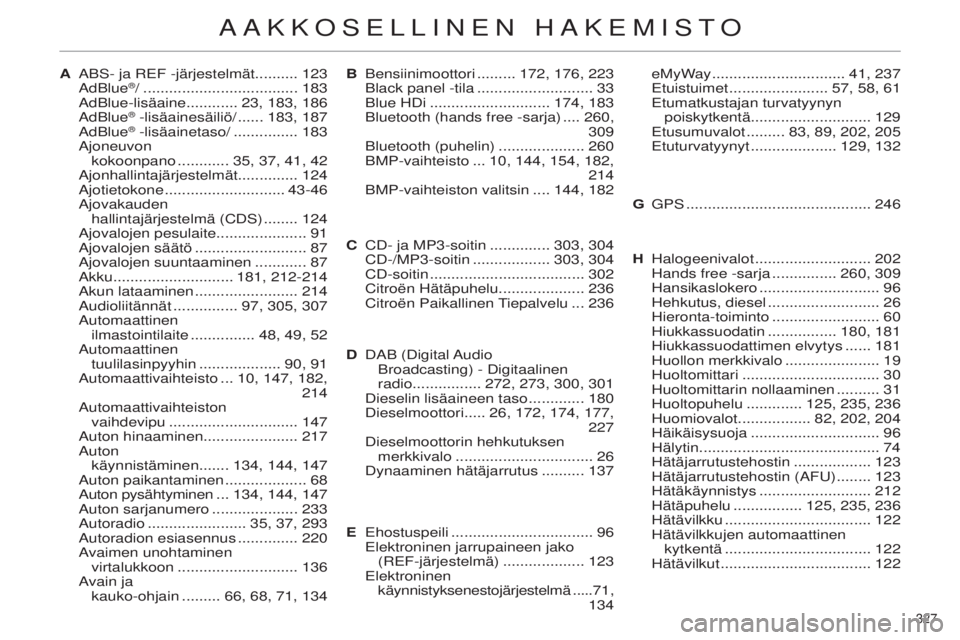 CITROEN C4 2014  Omistajan Käsikirjat (in Finnish) 327 
C4-2_fi_Chap14_index-alpha_ed01-2014
aBS- ja reF -järjestelmät.......... 123adBlue®/ .................................... 183a
dBlue-lisäaine............ 23, 183, 186
a

dBlue
® -lisäaines