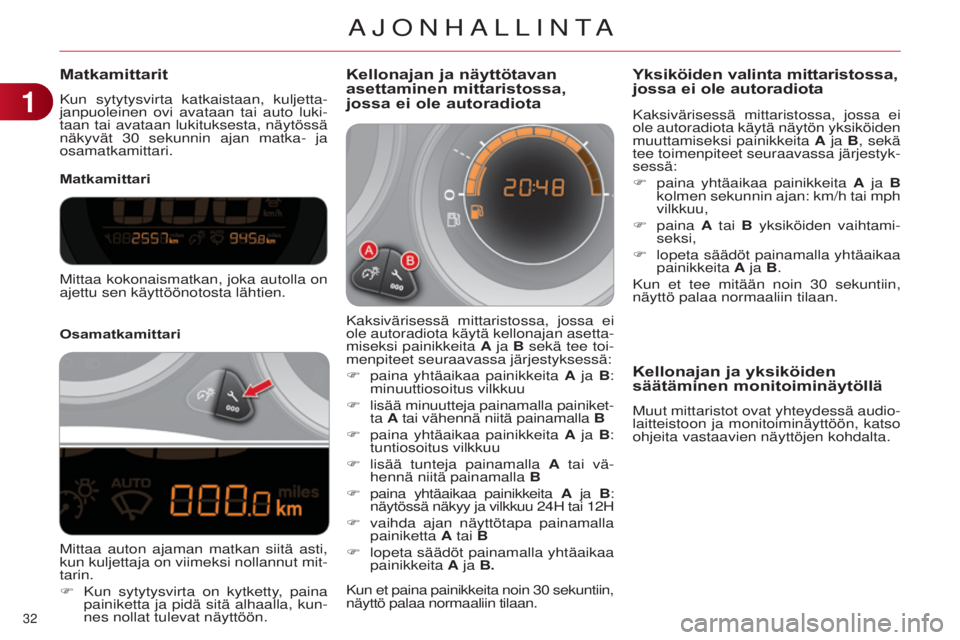 CITROEN C4 2014 Omistajan Käsikirjat (in Finnish) 32
C4-2_fi_Chap01_controle-de-marche_ed01-2014
Matkamittarit
Kun sytytysvirta katkaistaan, kuljetta-
janpuoleinen ovi avataan tai auto luki-
taan tai avataan lukituksesta, näytössä
näkyvät 30 CITROEN C4 2014 Omistajan Käsikirjat (in Finnish) 32
C4-2_fi_Chap01_controle-de-marche_ed01-2014
Matkamittarit
Kun sytytysvirta katkaistaan, kuljetta-
janpuoleinen ovi avataan tai auto luki-
taan tai avataan lukituksesta, näytössä
näkyvät 30