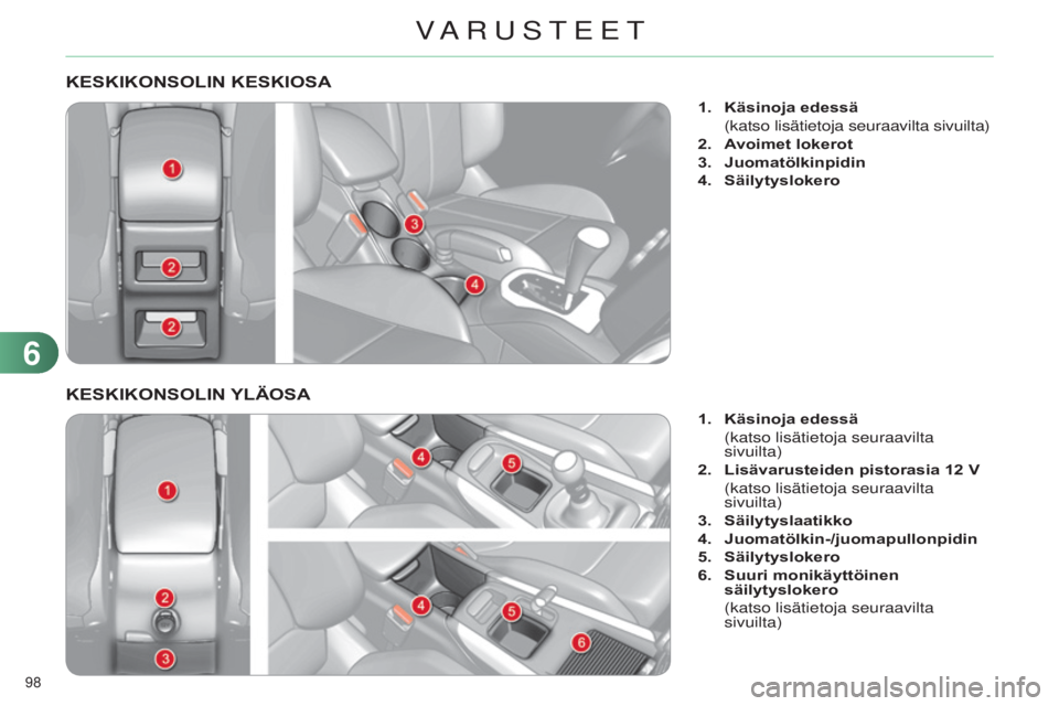 CITROEN C4 2014  Omistajan Käsikirjat (in Finnish) 98 
C4-2_fi_Chap06_amenagement_ed01-2014
KESKIKONSOLIN KESKIOSA
1. Käsinoja edessä
 (katso lisätietoja seuraavilta sivuilta)
2.

 
A
 voimet lokerot
3.
 
Juomatölkinpidin
4.

 
Säilytyslokero
KES
