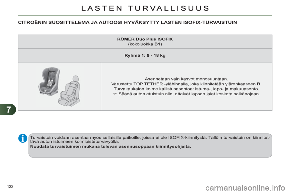 CITROEN C4 2013  Omistajan Käsikirjat (in Finnish) 7
132 
CITROËNIN SUOSITTELEMA JA AUTOOSI HYVÄKSYTTY LASTEN ISOFIX-TURVAISTUIN
   
 
 
 
RÖMER Duo Plus ISOFIX 
 
(kokoluokka  B1 
)  
   
 
Ryhmä 1: 9 - 18 kg 
 
 
   
Asennetaan vain kasvot menos