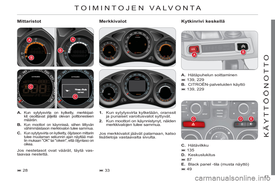 CITROEN C4 2013  Omistajan Käsikirjat (in Finnish) 17 
KÄYTTÖÖNOTTO
  TOIMINTOJEN VALVONTA 
 
 
Mittaristot   
Merkkivalot Kytkinrivi keskellä 
 
 
 
A. 
 Kun sytytysvirta on kytketty, merkkipal-
kit osoittavat jäljellä olevan polttonesteen 
mä