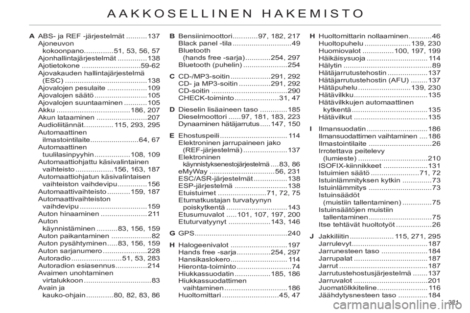 CITROEN C4 2013  Omistajan Käsikirjat (in Finnish) 321 
AAKKOSELLINEN HAKEMISTO
A  ABS- ja REF -järjestelmät ..........137
 Ajoneuvon 
kokoonpano ..............51, 53, 56, 57
 Ajonhallintajärjestelmät ..............138
 Ajotietokone ..............