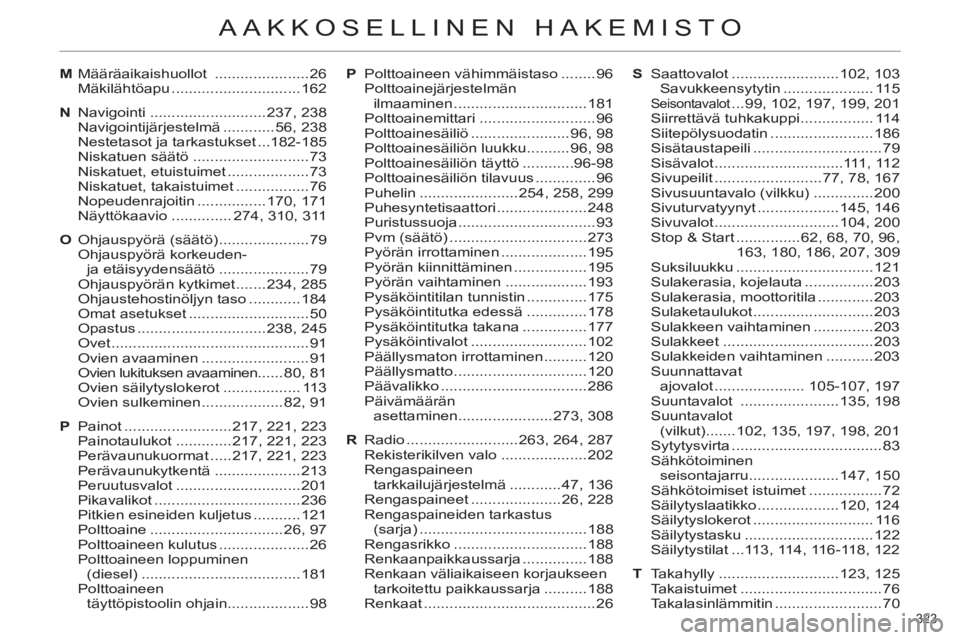 CITROEN C4 2013  Omistajan Käsikirjat (in Finnish) 323 
AAKKOSELLINEN HAKEMISTO
M Määräaikaishuollot  ......................26
 Mäkilähtöapu ..............................162
N Navigointi ...........................237, 238
 Navigointijärjestel