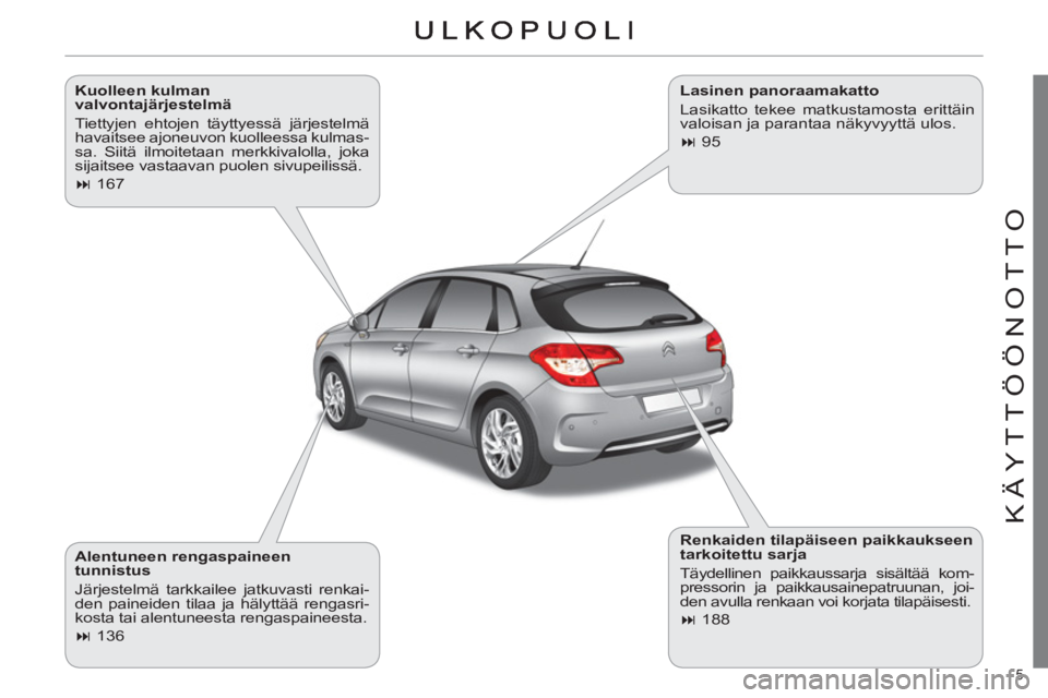 CITROEN C4 2013  Omistajan Käsikirjat (in Finnish) 5 
KÄYTTÖÖNOTTO
   
Kuolleen kulman 
valvontajärjestelmä 
  Tiettyjen ehtojen täyttyessä järjestelmä 
havaitsee ajoneuvon kuolleessa kulmas-
sa. Siitä ilmoitetaan merkkivalolla, joka 
sijait