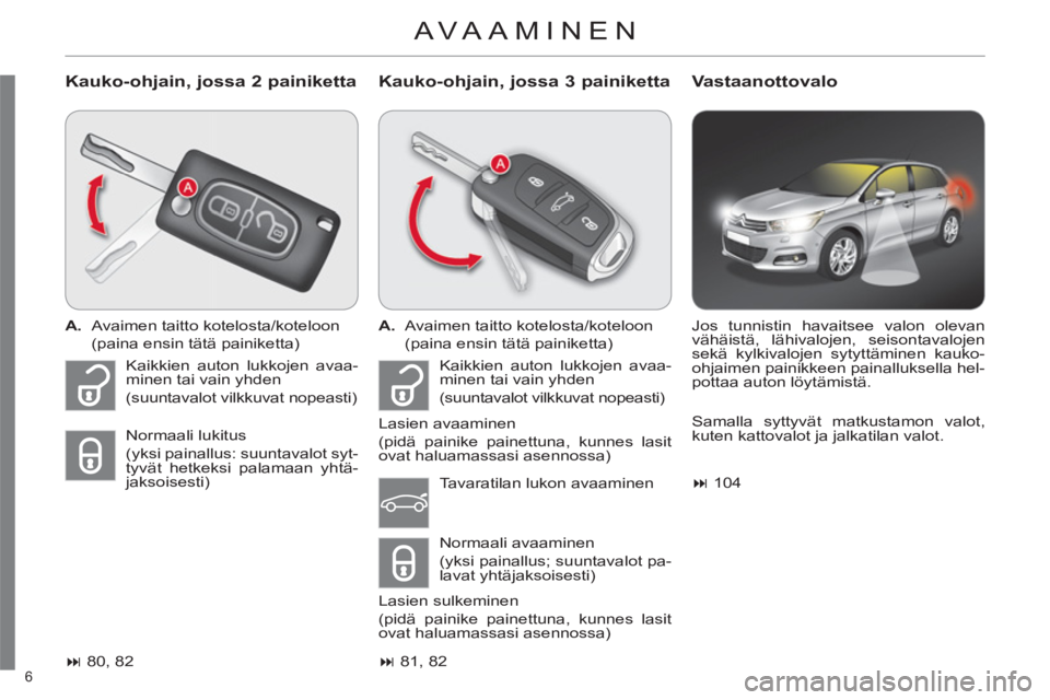 CITROEN C4 2013  Omistajan Käsikirjat (in Finnish) 6 
AVAAMINEN
   
Kauko-ohjain, jossa 2 painiketta    
Kauko-ohjain, jossa 3 painikettaVastaanottovalo
 
 
 
A. 
  Avaimen taitto kotelosta/koteloon  
  (paina ensin tätä painiketta)  
   
 
� 
 80,