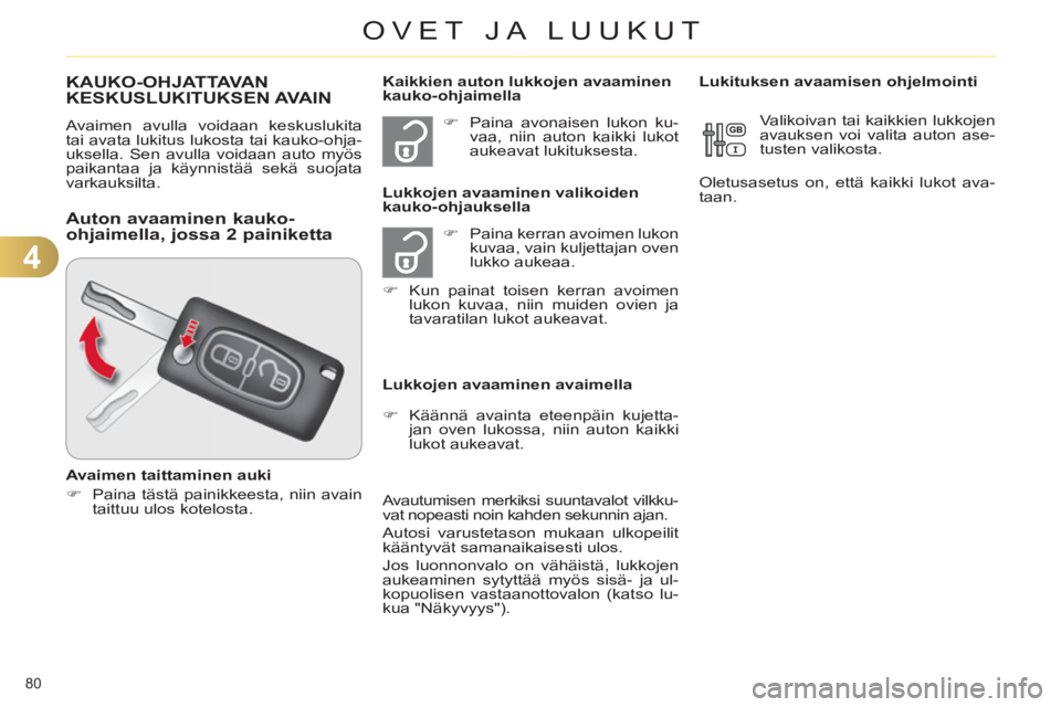 CITROEN C4 2013  Omistajan Käsikirjat (in Finnish) 4
OVET JA LUUKUT
80 
KAUKO-OHJATTAVA N  
KESKUSLUKITUKSEN AVAIN 
  Avaimen avulla voidaan keskuslukita 
tai avata lukitus lukosta tai kauko-ohja-
uksella. Sen avulla voidaan auto myös 
paikantaa ja k