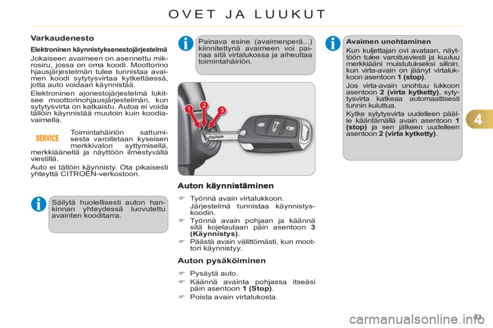 CITROEN C4 2013  Omistajan Käsikirjat (in Finnish) 4
OVET JA LUUKUT
83 
Varkaudenesto 
   
Elektroninen käynnistyksenestojärjestelmä 
 
Jokaiseen avaimeen on asennettu mik-
rosiru, jossa on oma koodi. Moottorino
hjausjärjestelmän tulee tunnistaa 