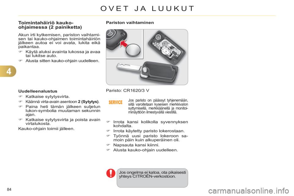 CITROEN C4 2013  Omistajan Käsikirjat (in Finnish) 4
OVET JA LUUKUT
84 
Toimintahäiriö kauko-
ohjaimessa (2 painiketta) 
  Akun irti kytkemisen, pariston vaihtami-
sen tai kauko-ohjaimen toimintahäiriön 
jälkeen autoa ei voi avata, lukita eikä 
