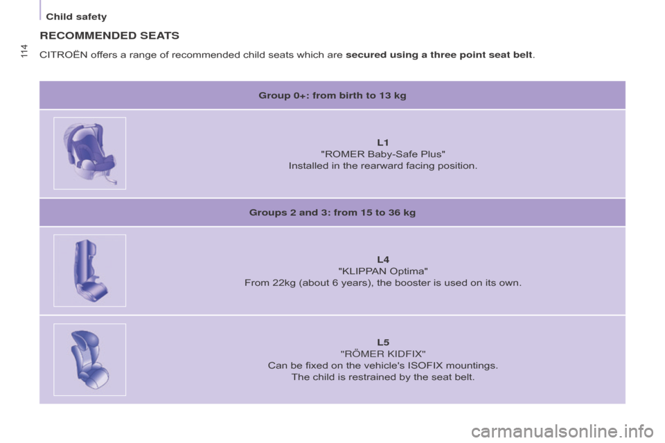 Citroen BERLINGO RHD 2017 2.G Owners Manual 11 4
Berlingo2VU_en_Chap05_Securite_ed02-2016Berlingo2VU_en_Chap05_Securite_ed02-2016
RECOMMENDED SEATS
Group 0+: from birth to 13 kgL1 
"ROMER Baby-Safe Plus"
Installed in the rearward facing positio