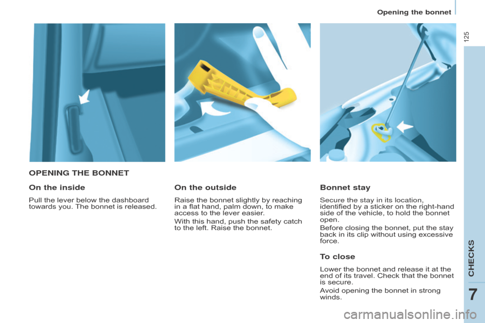 Citroen BERLINGO RHD 2017 2.G Owners Manual 125
Berlingo2VU_en_Chap07_Verification_ed02-2016
OPENING THE BONNET
Bonnet stay
Secure the stay in its location,
identified by a sticker on the right-hand
side of the vehicle, to hold the bonnet
op Citroen BERLINGO RHD 2017 2.G Owners Manual 125
Berlingo2VU_en_Chap07_Verification_ed02-2016
OPENING THE BONNET
Bonnet stay
Secure the stay in its location,
identified by a sticker on the right-hand
side of the vehicle, to hold the bonnet
op