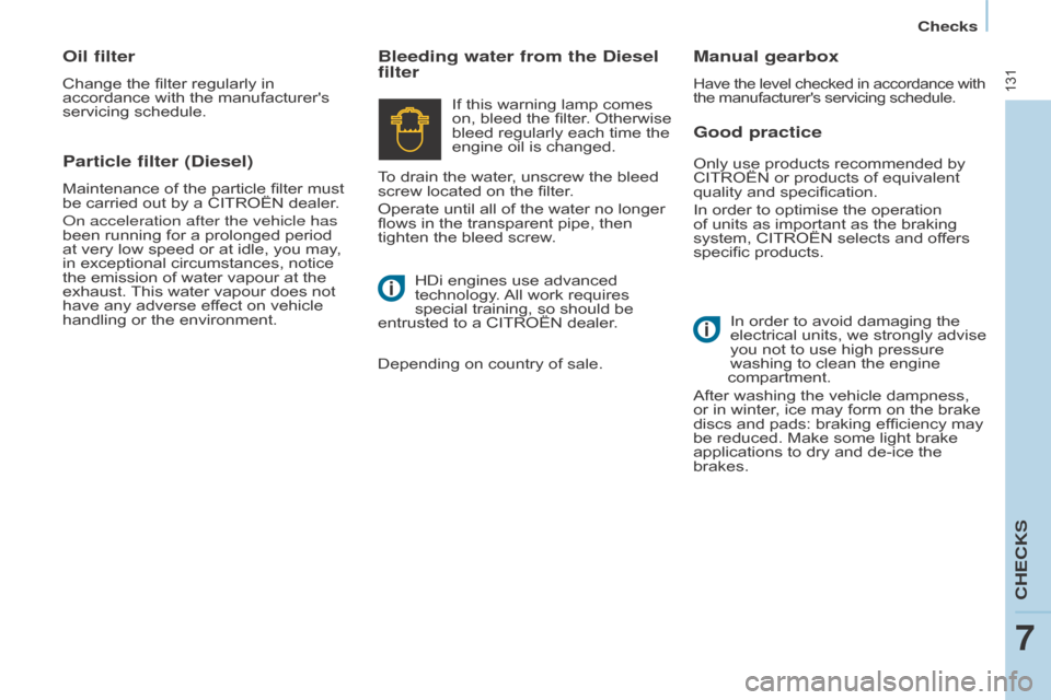 Citroen BERLINGO RHD 2017 2.G Owners Manual 131
Berlingo2VU_en_Chap07_Verification_ed02-2016Berlingo2VU_en_Chap07_Verification_ed02-2016
Good practice
Bleeding water from the Diesel 
filter
Manual gearbox
Have the level checked in accordance wi