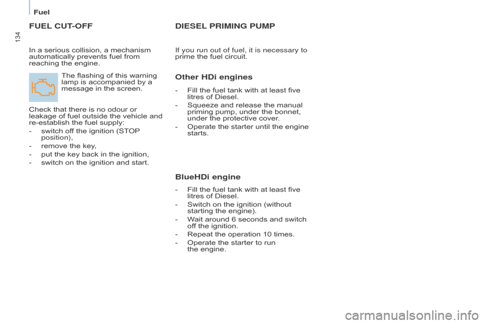 Citroen BERLINGO RHD 2017 2.G Owners Guide 134
Berlingo2VU_en_Chap07_Verification_ed02-2016Berlingo2VU_en_Chap07_Verification_ed02-2016
FUEL CUT- OFF
The flashing of this warning 
lamp is accompanied by a 
message in the screen.
Check that the