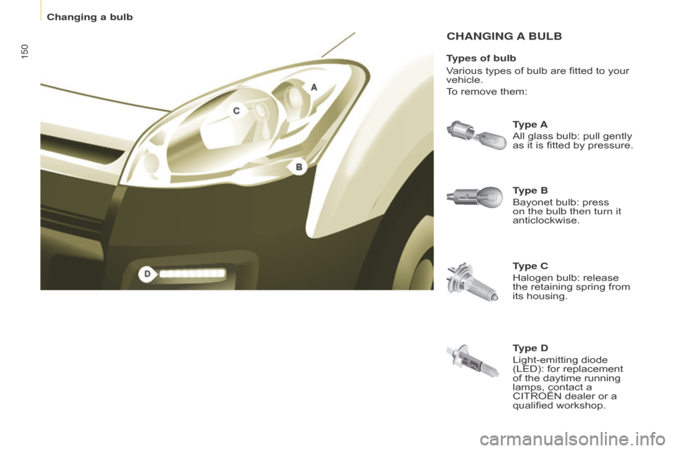 Citroen BERLINGO RHD 2017 2.G Owners Manual 150
Berlingo2VU_en_Chap08_Aide-rapide_ed02-2016Berlingo2VU_en_Chap08_Aide-rapide_ed02-2016
CHANGING A BULB
Type B
Bayonet bulb: press 
on the bulb then turn it 
anticlockwise. Type A
All glass bulb: p