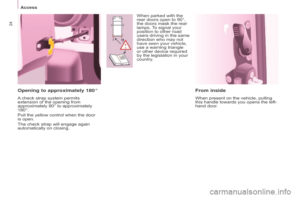 Citroen BERLINGO RHD 2017 2.G Owners Guide 24
Berlingo2VU_en_Chap03_Pret-a-partir_ed02-2016
From inside
When present on the vehicle, pulling 
this handle towards you opens the left-
hand door.
Opening to approximately 180°
A check strap syste