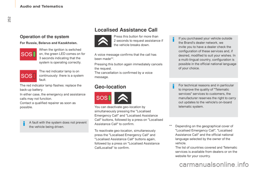 Citroen BERLINGO RHD 2017 2.G Owners Manual 252
Berlingo2VU_en_Chap10c_BTA-3R_ed02-2016
Localised Assistance Call
Operation of the systemIf you purchased your vehicle outside 
the Brands dealer network, we 
invite you to have a dealer check th