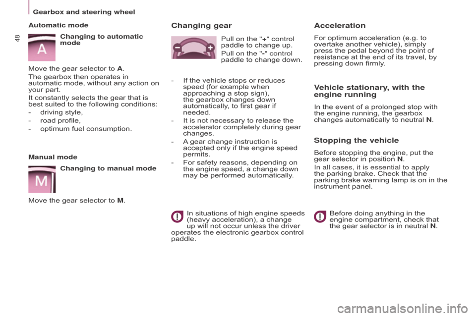 Citroen BERLINGO RHD 2017 2.G User Guide 48
Berlingo2VU_en_Chap03_Pret-a-partir_ed02-2016Berlingo2VU_en_Chap03_Pret-a-partir_ed02-2016
Manual modeChanging to manual mode
Move the gear selector to M.
Automatic mode
Changing to automatic 
mode