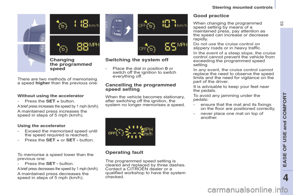 Citroen BERLINGO RHD 2017 2.G Owners Manual 63
Berlingo2VU_en_Chap04_Ergonomie_ed02-2016
Changing  
the programmed 
speedSwitching the system off
Operating fault Cancelling the programmed 
speed setting
When the vehicle becomes stationary, 
aft