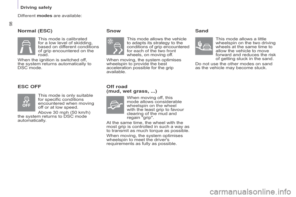 Citroen BERLINGO RHD 2017 2.G Owners Manual 98
Berlingo2VU_en_Chap05_Securite_ed02-2016
Different modes are available:
Normal (ESC)
ESC OFFSnow
This mode allows the vehicle 
to adapts its strategy to the 
conditions of grip encountered 
for eac